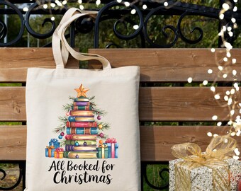 Book Themed Gift Bag, Booked for Christmas, Book Lovers Christmas Bag, Gift for Book Lovers, Library Bag, Stocking Stuffer, Cute Cotton Bag