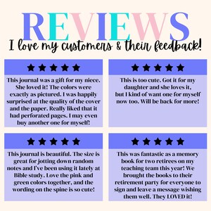 May include: A graphic with the word "REVIEWS" in teal and pink, and the phrase "I love my customers & their feedback!" Four customer reviews are displayed, each with a five-star rating and text about a journal.