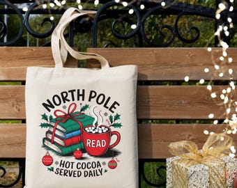 Cute Cotton Christmas Bag, Book Lovers Christmas Bag, Book Themed Gift, Gift for Book Lover, Book Club Gift, Stocking Stuffer, North Pole