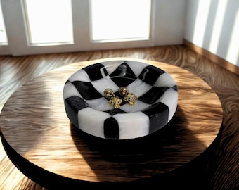 Checkered Marble Catchall – Onyx Jewelry Dish, Coffee Table Decor, Stone Soap Bowl