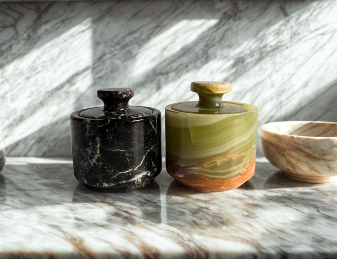 Salt Cellar with Lid - Set of Two 3" Marble Salt and Pepper Cellar, Salt Jar, Sugar Pot | Unique Gifts for Her - Black & Green Onyx
