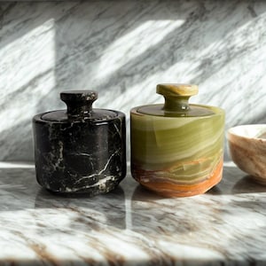 Salt Cellar with Lid - Set of Two 3&quot; Marble Salt and Pepper Cellar, Marble Salt Jar, Sugar Pot, Salt box, Sugar bowl | Unique Gifts for Her
