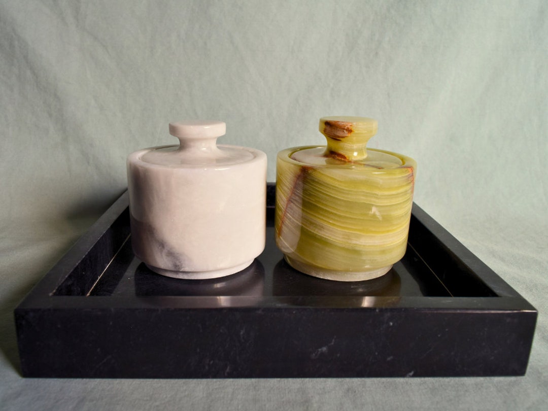 Onyx Salt Cellar with Lid Set of 2 - Spice Jar, Sugar Pot, Kitchen Decor