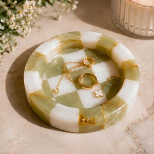 Checkered Onyx Catchall Tray – Green Marble Jewelry Dish, Stone Soap Bowl | Engagement Ring Holder