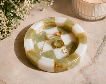Checkered Onyx Catchall Tray – Green Marble Jewelry Dish, Stone Soap Bowl | Engagement Ring Holder