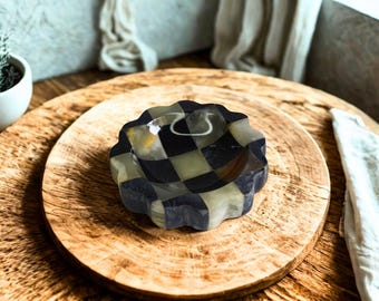 Checker Catchall - Scalloped Jewelry Dish, Stone Soap Marble Bowl for Decoration and Gift