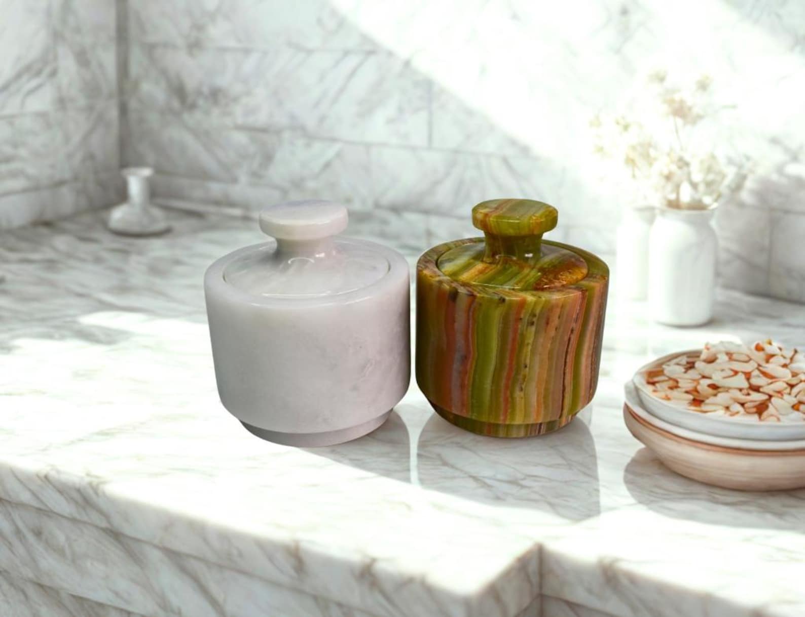Salt Cellar with Lid - Set of Two 3" Marble Salt and Pepper Cellar, Salt Jar, Sugar Pot | Multigreen & White