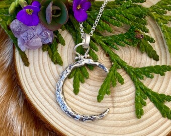 Moon Scape ~ Hand carved Crescent Moon sterling silver necklace