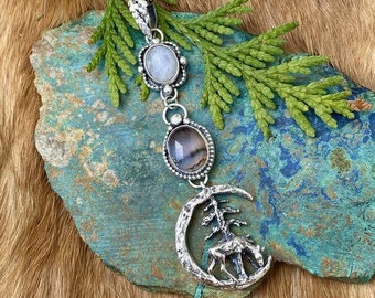 After Midnight in the Pines Deer, Moonstone and Montana agate sterling silver necklace, Boho, rustic, necklaces, cowgirl
