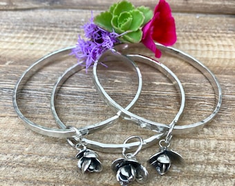 Succulent Heavy hammered sterling silver Bangle Sterling Bracelet, Handcast succulent dangle bracelet