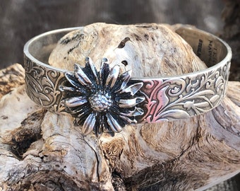 Wildflower Floral Boho Cuff Bracelet, rustic, artisan, metalwork, handmade, Boho, Bohemian, Gypsy