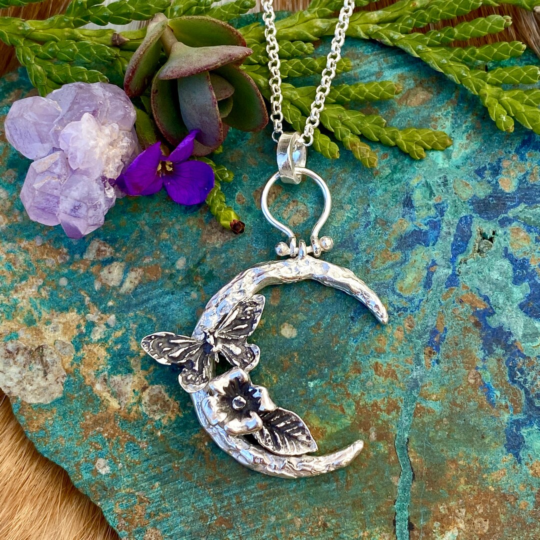 Moon Scape Butterfly and Flora Sterling Silver Necklace