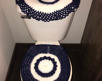 Navy blue and white bathroom set