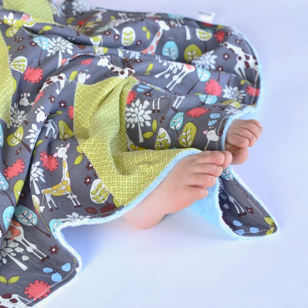 Baby Blanket, Small Patchwork with Minky for Baby Grey Giraffe Garden
