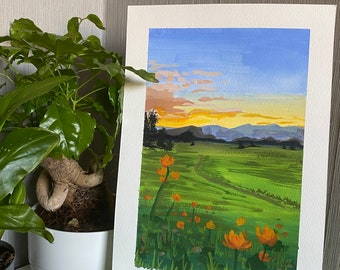 Hand painted, gouache marigolds at sunset