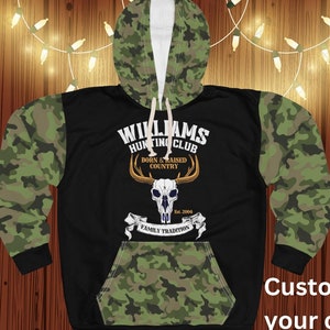 Camouflage and Black Customized Hunting Unisex Pullover Hoodie, Personalized Camo Hood Sleeves and Pocket, Custom Camo Black Sweatshirt,