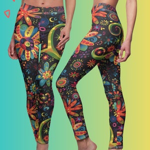 May include: Colorful leggings with a psychedelic floral pattern. The leggings are black with bright colors like red, yellow, green, and blue.