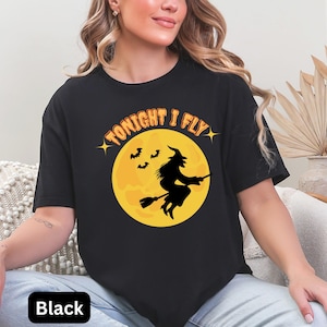 Halloween Witch T-Shirt, Unisex Softstyle Tee, Spooky Shirt, Halloween Party Outfit, funny witch full moon tee, Witch on broom Holiday T
