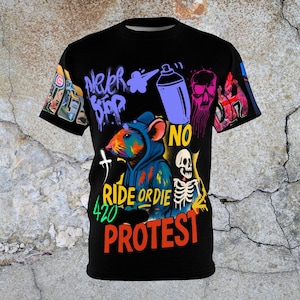 Graffiti Protest Tee, Unisex Streetwear, Urban Art T-Shirt, Cool Graphic Top for Festivals, Rat graffiti shirt, grunge style streetwear t