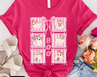 Pink Ghost Halloween Coquette T Shirt, Pastel pink Boo shirt, cute ghost graphic T, Fun spooky ghost shirt, girly Halloween ghostly t shirt