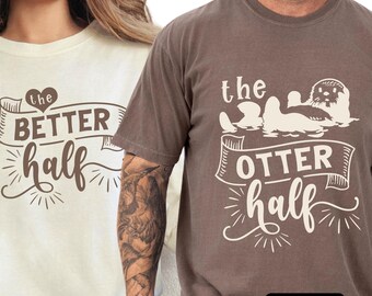 Camiseta divertida de pareja con nutrias en colores que brindan comodidad, camisetas de pareja con nutrias y humorísticas, camisetas a juego para parejas con juegos de palabras sobre animales.