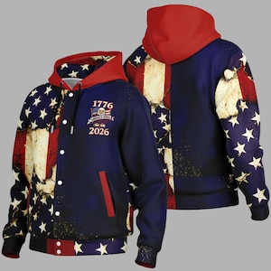May include: A navy blue and red hooded jacket with a distressed American flag design. The jacket features white stars and red stripes, with the text "1776 America 250th 2026" on the front. The jacket has a red hood and a black hem.