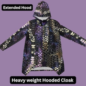 Heavyweight Elongated Hooded Cloak with abstract dragon scale pattern, unique street hoodie cloak, wizard cloak