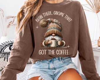 Coffee Gnome Comfort Colors long sleeve t shirt, gift for gnome and coffee lovers, Barista coffee shop apparel