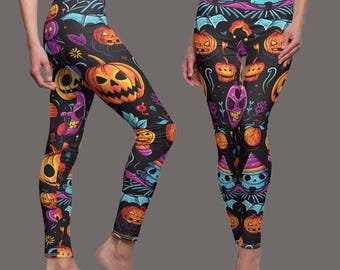 Halloween Pumpkin Leggings,  Skeleton Pattern Spooky Unisex Leggings, Cute Colorful Halloween Yoga pants