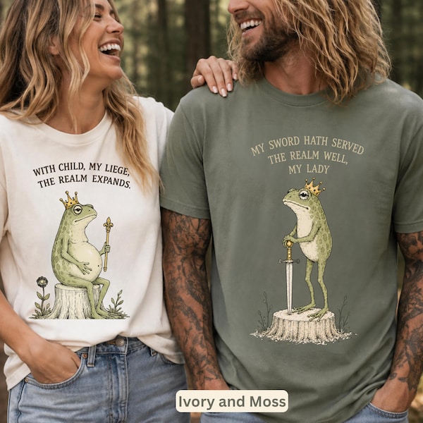 Frog Pregnancy Comfort Colors Shirt, Expecting Couple's Humor Matching Medieval King Queen Frogs Graphic T-Shirts, Pregnant Couple T