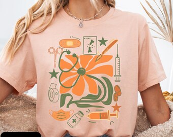 Floral Nursing Doodle T-Shirt, Cute Medical Flower Top, Gift for Health Workers, Stylish medical doodle Shirt, Spring Fashion medical shirt,