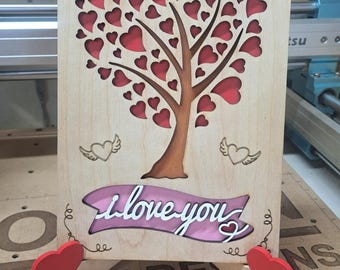 Tree of Hearts - Hand-painted, laser engraved wooden card, gift for birthday, valentine, anniversary