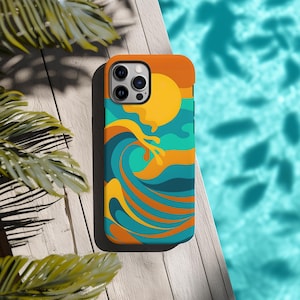 Coque de portable coucher de soleil vague rétro : art surf psychédélique, iPhone, galaxie, pixel