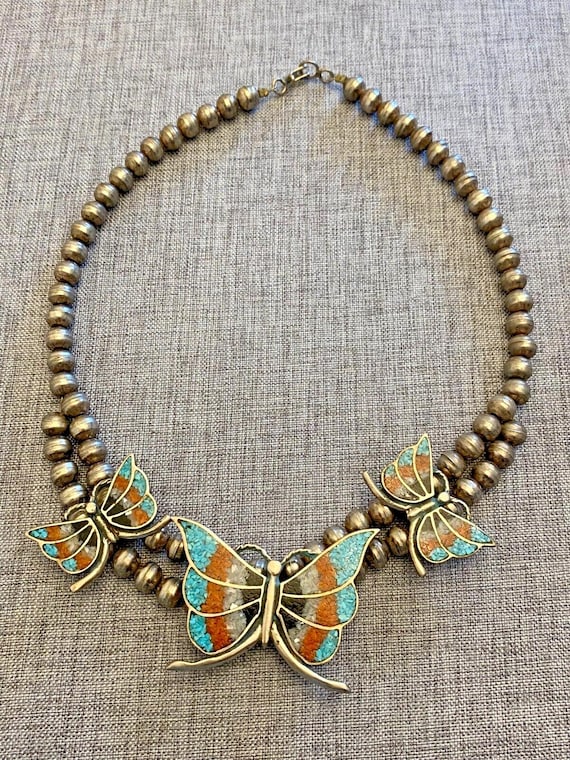 Butterfly Vintage Native American Navajo Turquoise Coral Sterling Silver Squash Blossom Necklace Butterfly Vintage Native American Navajo Turquoise Coral Sterling Silver Squash Blossom Necklace