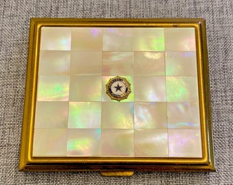 Vintage Marhill Mosaic Genuine Mother of Pearl Compact Makeup Powder Mirror Case