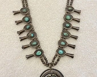 Vintage Sterling Silver Blue Turquoise Squash Blossom Necklace Rare Naja Design