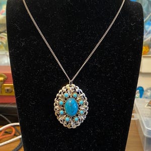 Vintage Faux Turquoise Silver Filigree Pendant Necklace 24&quot;