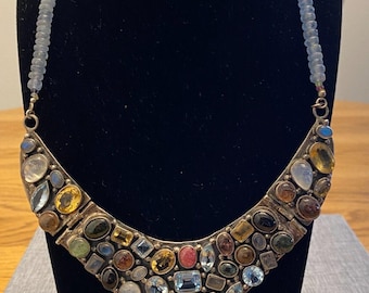 Gorgeous Vintage Sterling Silver Genuine Multi Stone Hinged Bib Necklace Rare