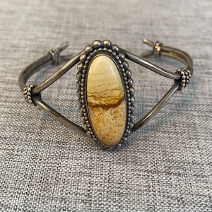 Vintage Sterling Silver & Picture Jasper Southwestern Cuff Bracelet