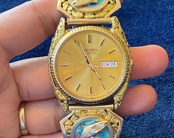 Very Rare 10K Seiko Men&#39;s Watch with Natural Gold Nuggets and Inlay Opal