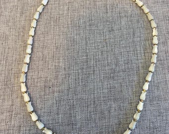 Beaded Necklace Mother of Pearl Tulip Carved Gold Tone Barrel Clasp Vintage