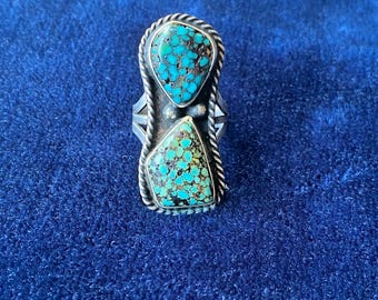 Vintage Double Black Web Turquoise Sterling Silver Unisex Ring Size 8