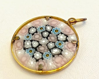 Murano Glass Millefiori of Venice Pendant Pink Blue White Flowers 1 inch