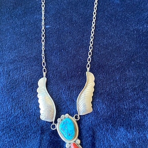 Vintage1970&#39;s Signed Navajo Sterling Silver Turquoise and Red Coral Necklace