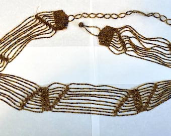 Vintage Woven Brown Glass Seed Bead Adjustable Belt