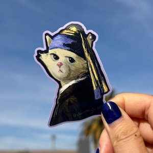Menina com Brinco de Pérola Versão Engraçada de Gato Gato com Brinco de Pérola Ilustração Adesivo de Vinil À Prova D'Água e Cartão Postal 4x6 Pintura Famosa