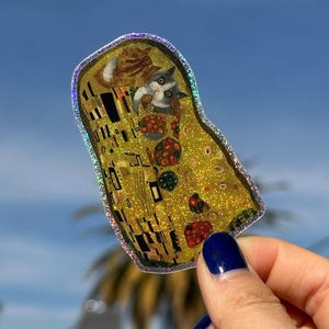 El beso de Gustav Klimt Versión de gato El silbido Pegatina impermeable y postal Pintura clásica Decoración de pared Ilustración Impresión