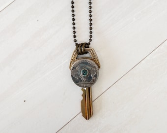 Key + Buffalo Nickel Turquoise Necklace