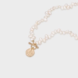 Gold Coin Toggle Clasp with Small Baroque Pearl Chocker Necklace, Irregular Tiny Freshwater Pearl, Coin Medallion Pendant