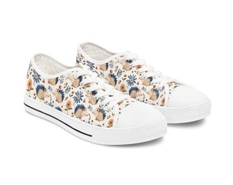 Women's Low Top Sneakers, Hedgehog Floral Bliss, Soft Nature-Inspired